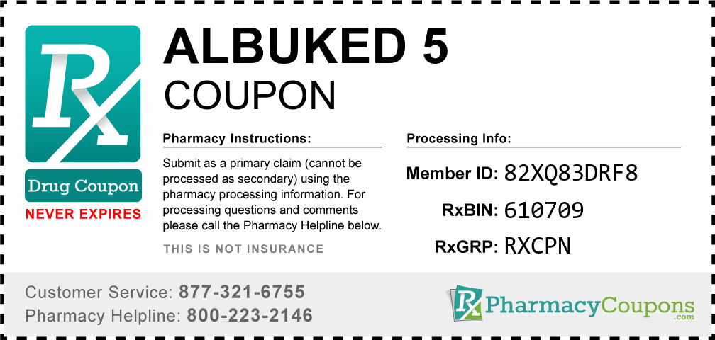 Albuked 5 Prescription Drug Coupon with Pharmacy Savings